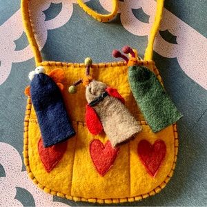 Handmade Orange Felt Wool Pocket Zip Bag with 3 Felted Animal Finger Puppets